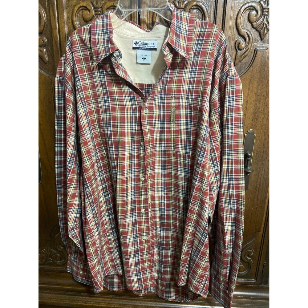 Columbia Mens Plaid Button Down Shirt Long Sleeve Red Navy XM7074 Large